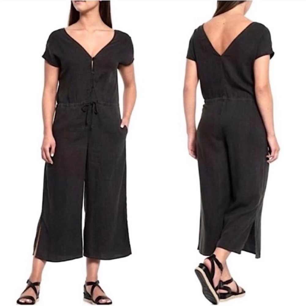 Cloth & Stone S Linen Wide Leg Jumpsuit Cropped Black C6239-331-301